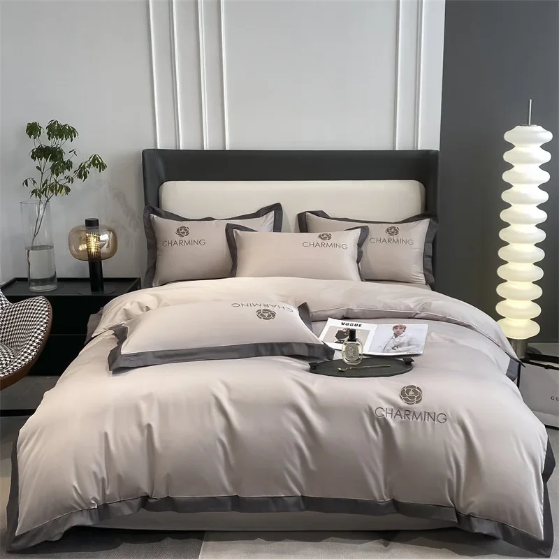 

Light luxury washed silk four piece set, European double-sided ice silk duvet set, single thread sliding bed, naked sleep three