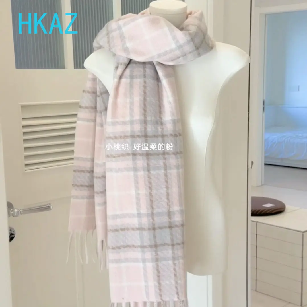 Pink Scarf New Autumn Winter Couple Plaid Scarves Sweet Cute Girl Student Fashion Versatile Outdoor Keep Warm Thickened Shawl