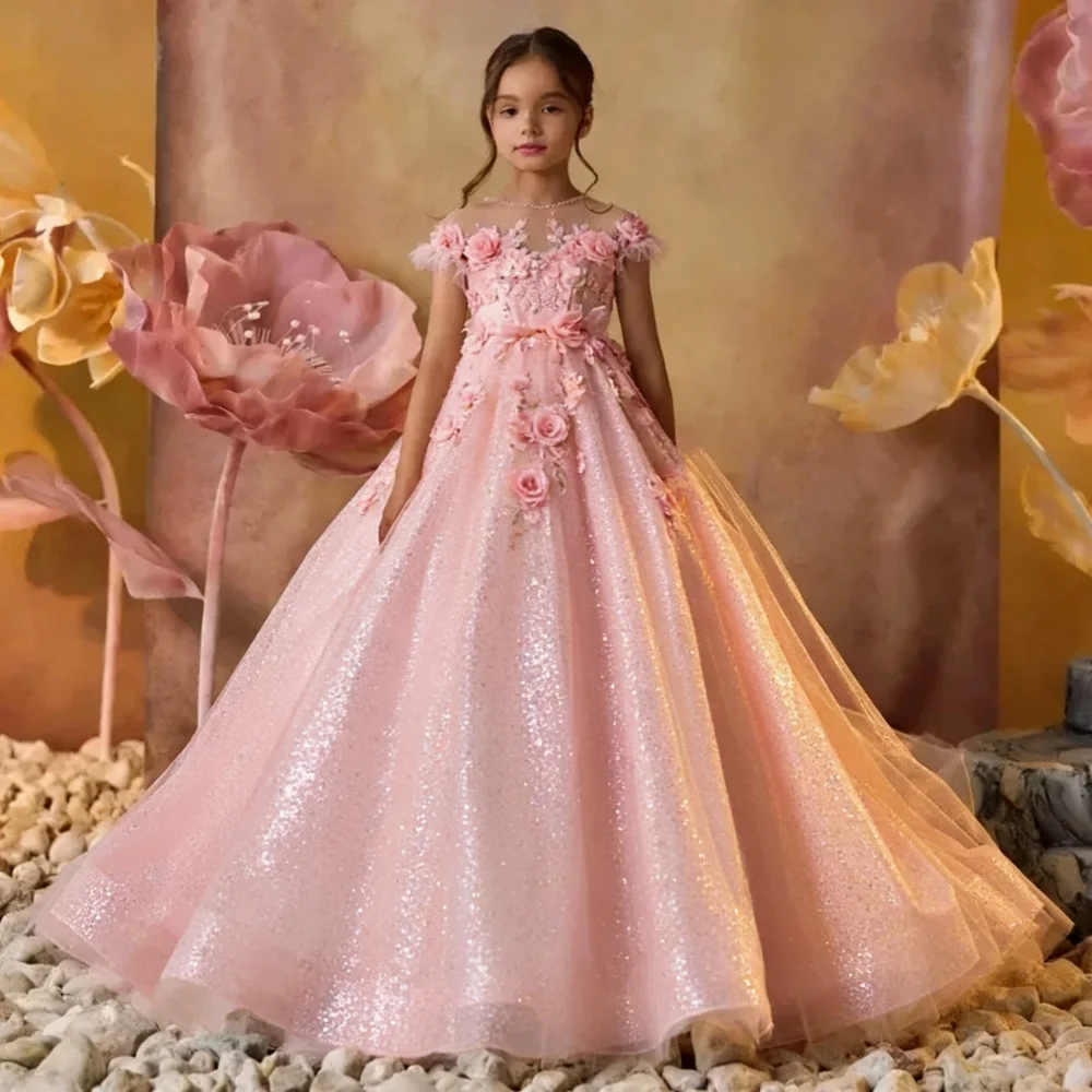 2026 Royal Princess Performance Girls Birthday Ball Gown Floor Length Lace Dress Flower Girl Wedding Long Train