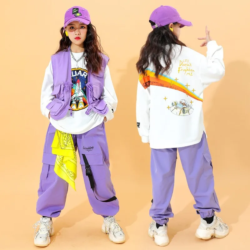 Kinder Hip Hop Sets Lila Weste Cargo Hosen Mädchen Streetwear Jungen Street Dance Jogger für Kinder Jazz Kostüm Kleidung