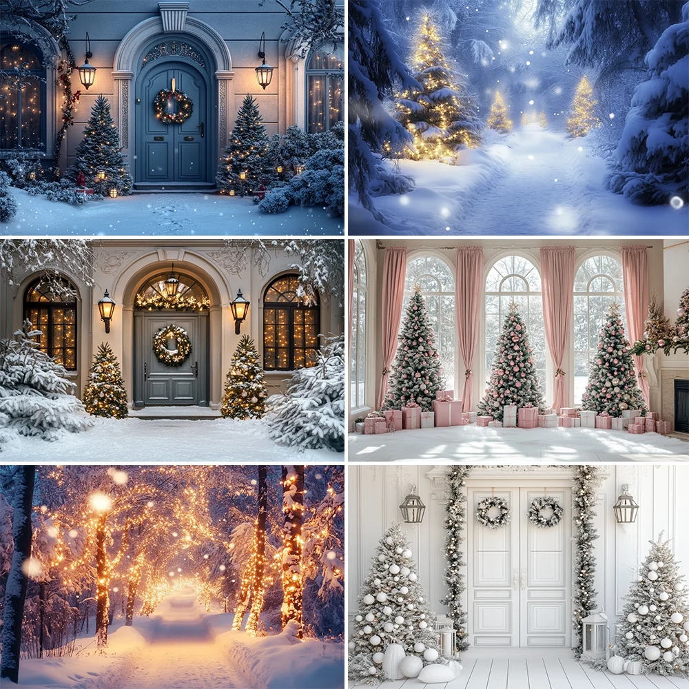 

Winter Christmas Doorway Wreaths Photography Background Snow Scenes XMAS Trees Gifts for Children Party Portraits Photo Backdrop