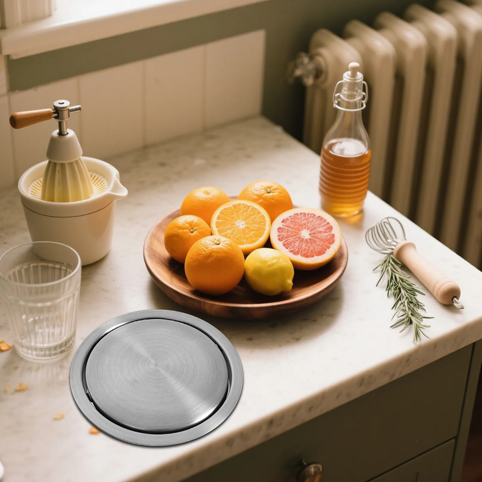 Stainless Steel Embedded Trash Can Lid Ring Countertop Drop-in Waste Chute Grommet Built-in Recessed Garbage Cover for Home Chef