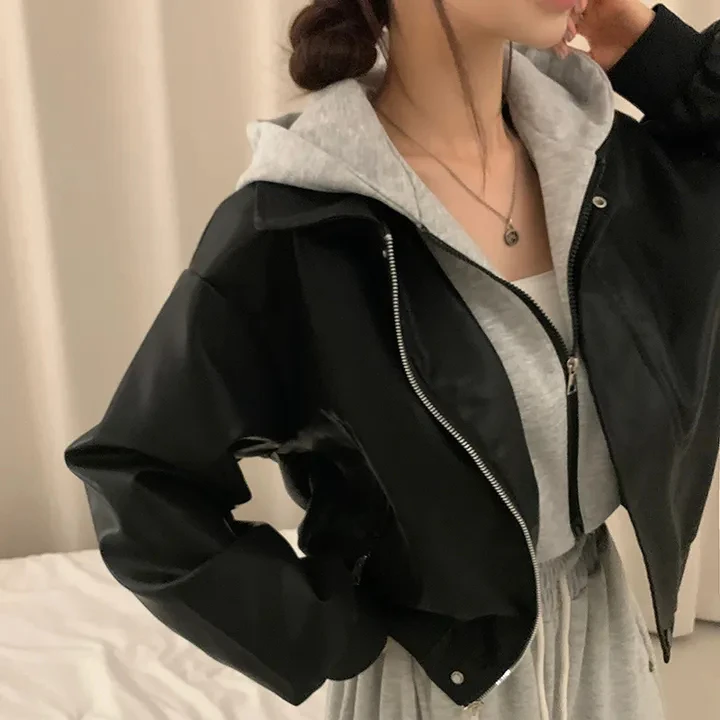 Damski, luźny płaszcz ze sztucznej skóry z kapturem, imitacja dwuczęściowego kompletu, jesienno-zimowy, vintage, długi rękaw, regularna długość, top.