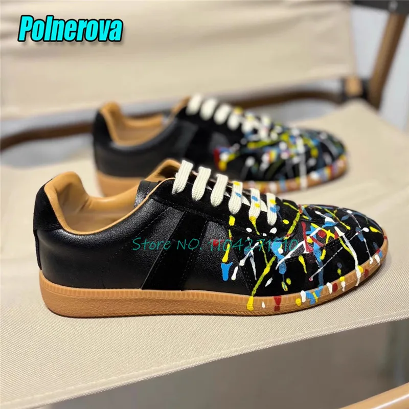 

Summer Trendy Casual Sneakers Men Women Colorful Paint Leather Patchwork Board Shoes Round Toe Comfortable Walking Sports Shoes