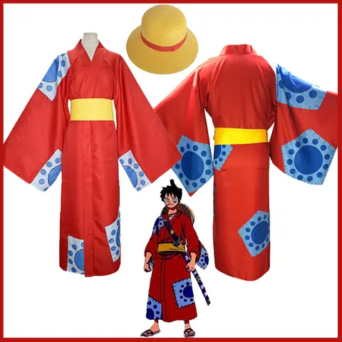 Anime peça pirata luffy cosplay trajes macaco d luffy wano país arco chapéu quimono carnaval festa adulto vermelho yukata outfit