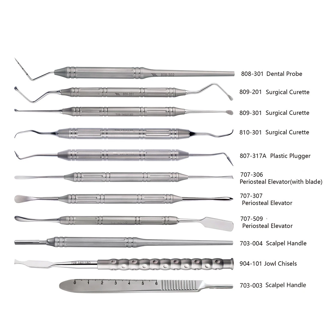 Premium Dental Implant Base Instrument Set Surgical Curette Probe Periosteal Elevator Jowl Chisel Bone Calipers