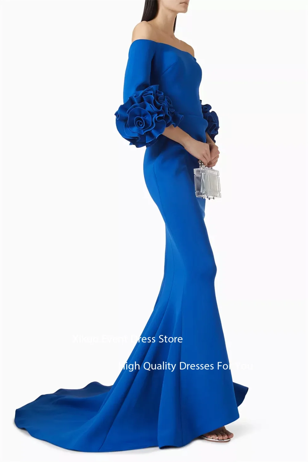 Xikuo Abendkleid aus rotem Satin mit drapierter Schleppe, schulterfrei, Robe de Soirée, gerüschte Blumenärmel, formelle Partykleider, individuell gestaltet