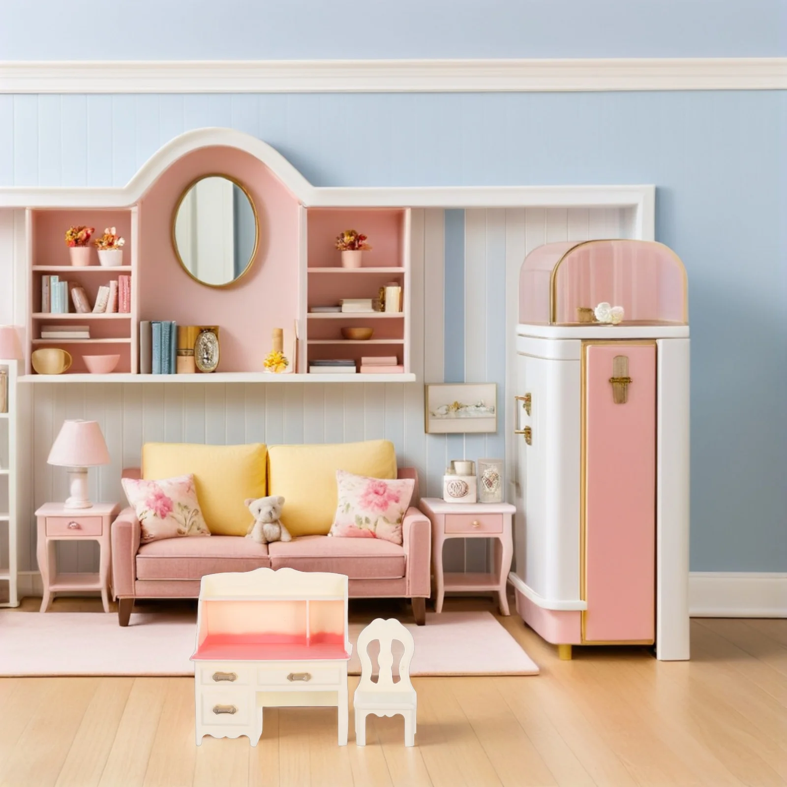 5 conjuntos de móveis de mesa e cadeira em miniatura, materiais seguros de plástico liso para mini casa, escritório, decoração de cena de estudo