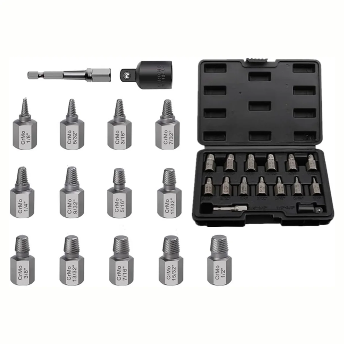 

L33A_15 Piece Double Head Screw Extractor Set,Easy Out Bolt Remover Kit, 3/8Inch Drive Hex Head Multi-Spline