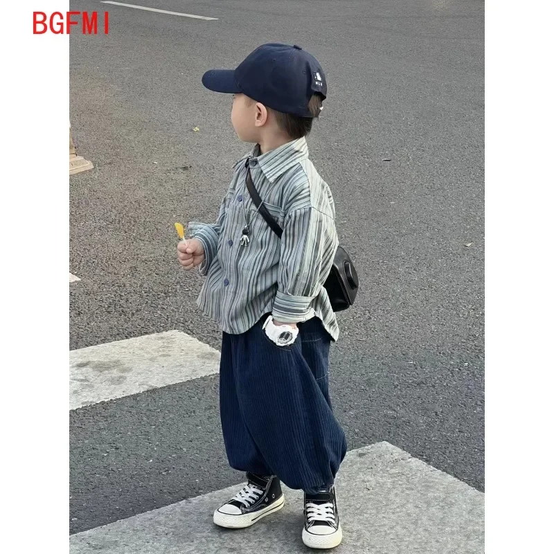 Kid Boy Spring Autumn Suit 2024 New Korean Handsome Baby Fashion Corduroy Striped Shirt and Pants Clothes Two Piece Set Outfits