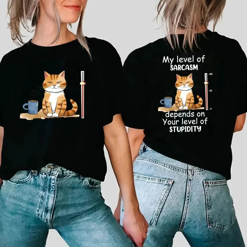 Double-sided Print Graphic Funny Y2k Top My Level of Irony Depends on Your Stupidity Cat T-shirt Plus Size Women's Wear