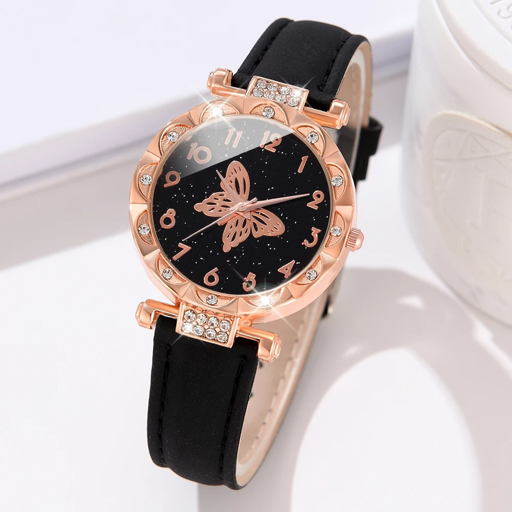 6PCS/Set Black Women Watch Fashionable Starry Sky Elements Dial Quartz Wristwatch Leather Strap Watch Jewelry Set Gift For Her