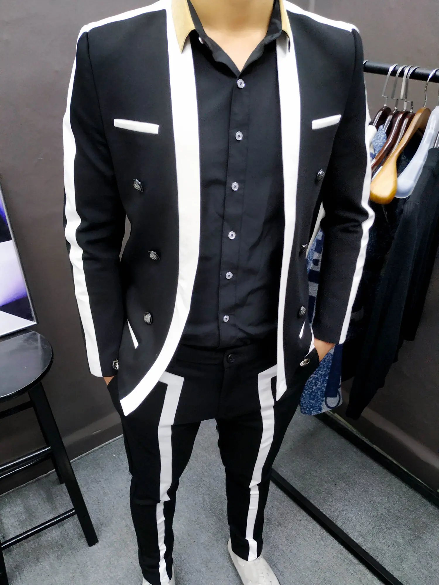 Trajes De Hombre, traje blanco negro a rayas contrastantes, traje De novio De boda para Hombre, traje De escenario ajustado para Hombre, traje De
