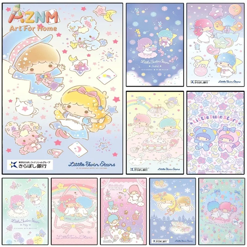 Little Twin Stars Canvas Wall Art Sanrio Kawaii Cartoon Poster Unframed Canvas Painting For Girls Bedroom Cute Wall Decor Kids