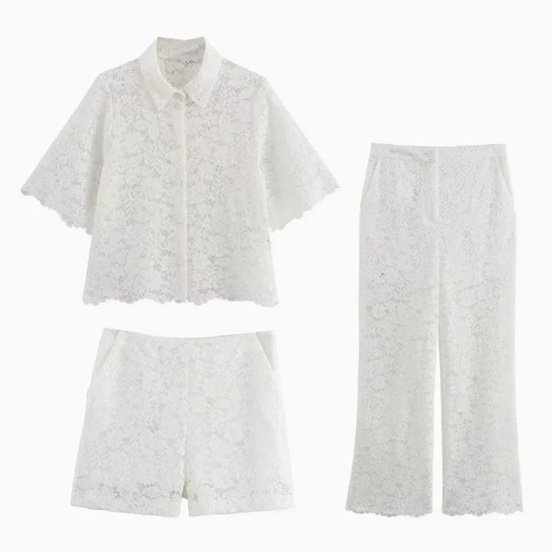 

Sexy Beach Shorts Suits Women Lace Short Sleeves Hollow Out Top + Pant 2 Pieces Sets Female 2025 Spring Summer Chic Suit Outfits