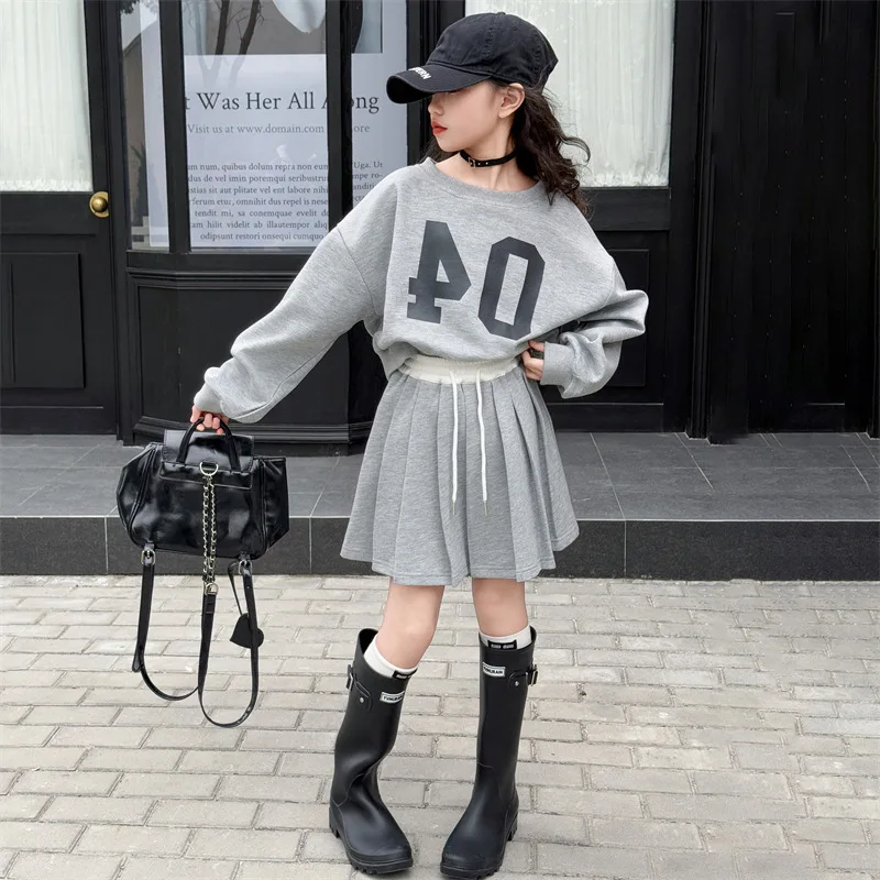 Girls' Set Spring and Autumn New Letter Sweatshirt and Pleated Skirt 2PCS Kids Sport Suits Casual Children Clothes Tracksuits 4