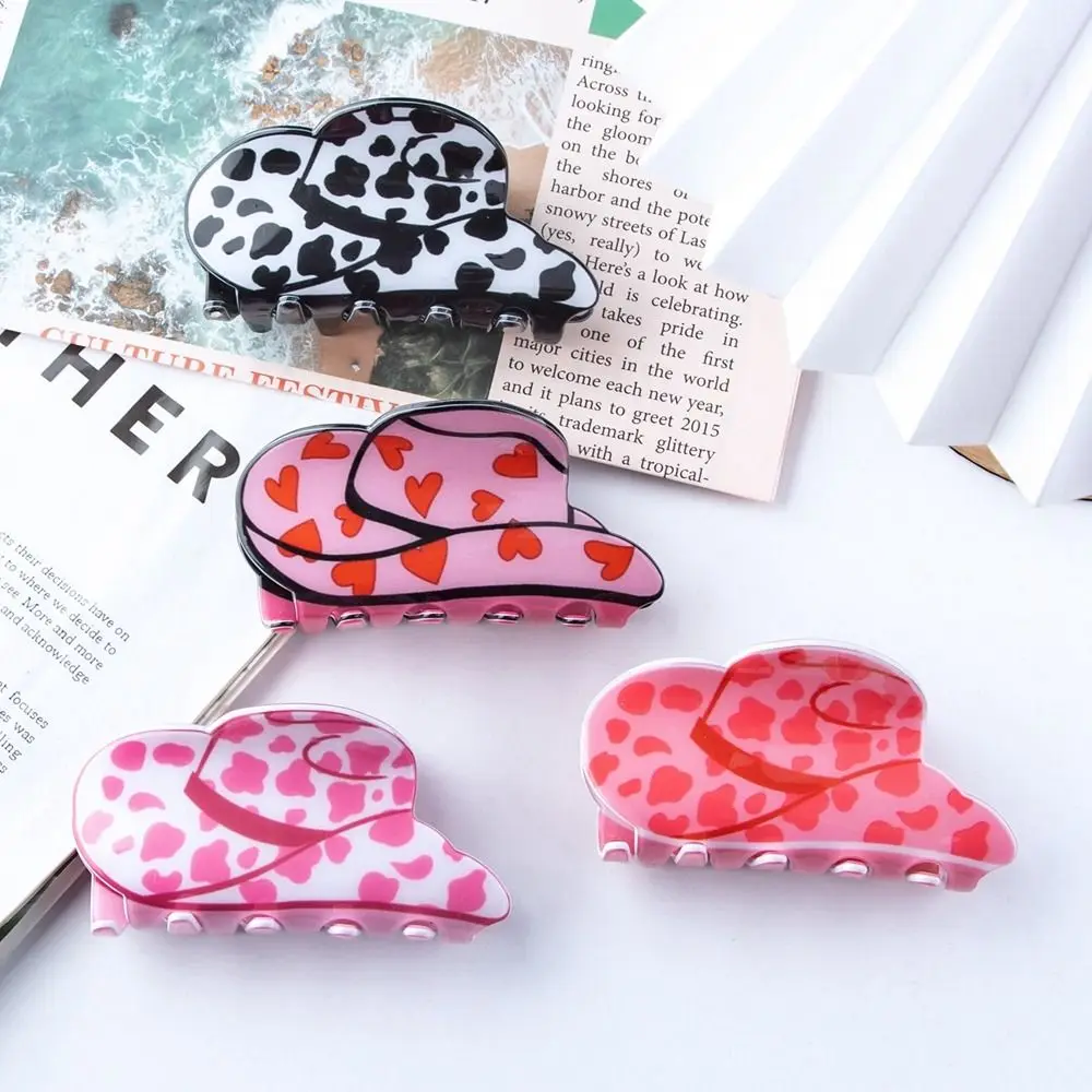 Fashion Cap Shape Cowboy Hat Hair Claw Leopard Printed Heart Plastic Hair Clip Cartoon Shark Clip Female