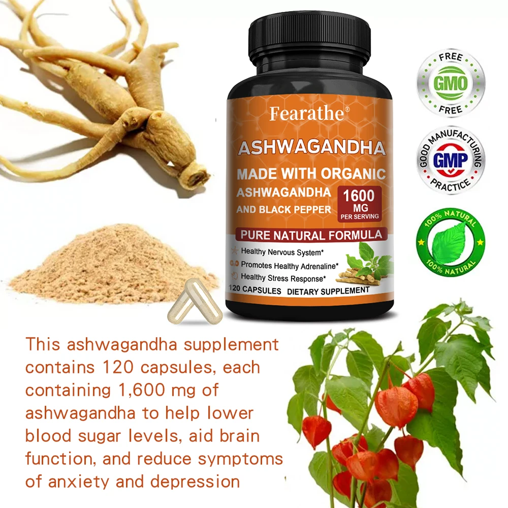 Organic Ashwagandha Root Extract Capsules - with Black Pepper, Stress & Mood Relief - Nervous System Health & Overall Well-Being