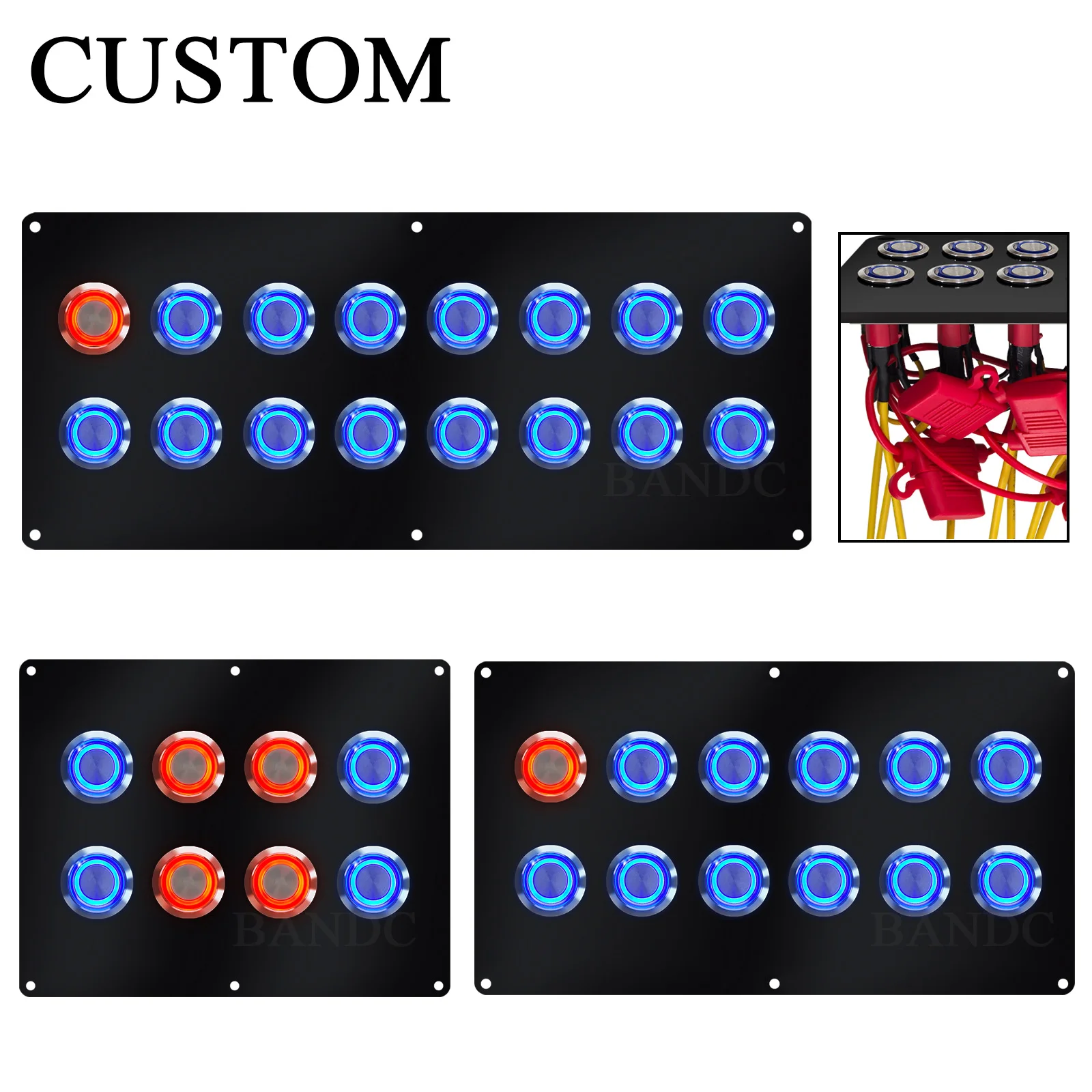 8/12/16 Gang Push Button Switch Panel IP67 Pre-Wired Acrylic Panel with Circuit Breaker & LED Light Customizable For Boat RV SUV