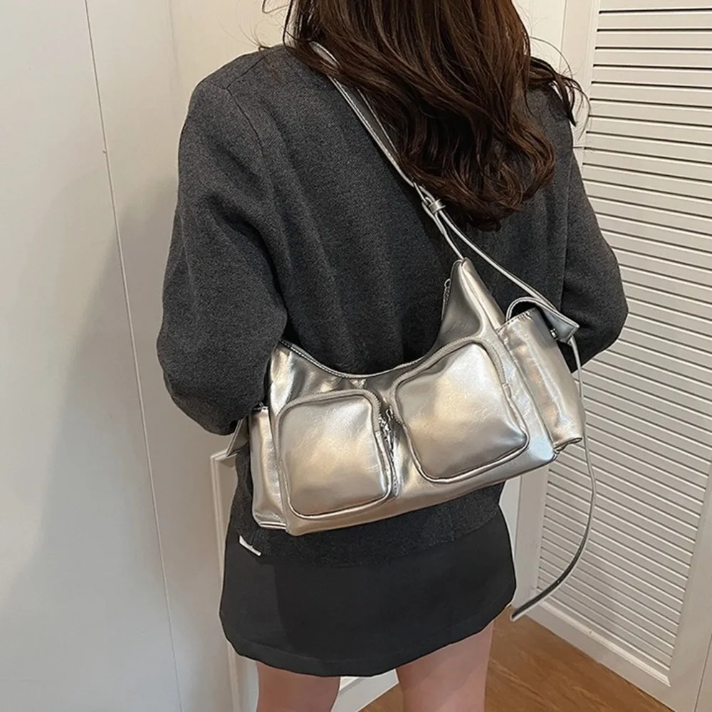 

Y2K карманная сумка через плечо на молнии в корейском стиле из искусственной кожи, сумка подмышки, однотонная регулируемая женская сумка через плечо, дорожная сумка