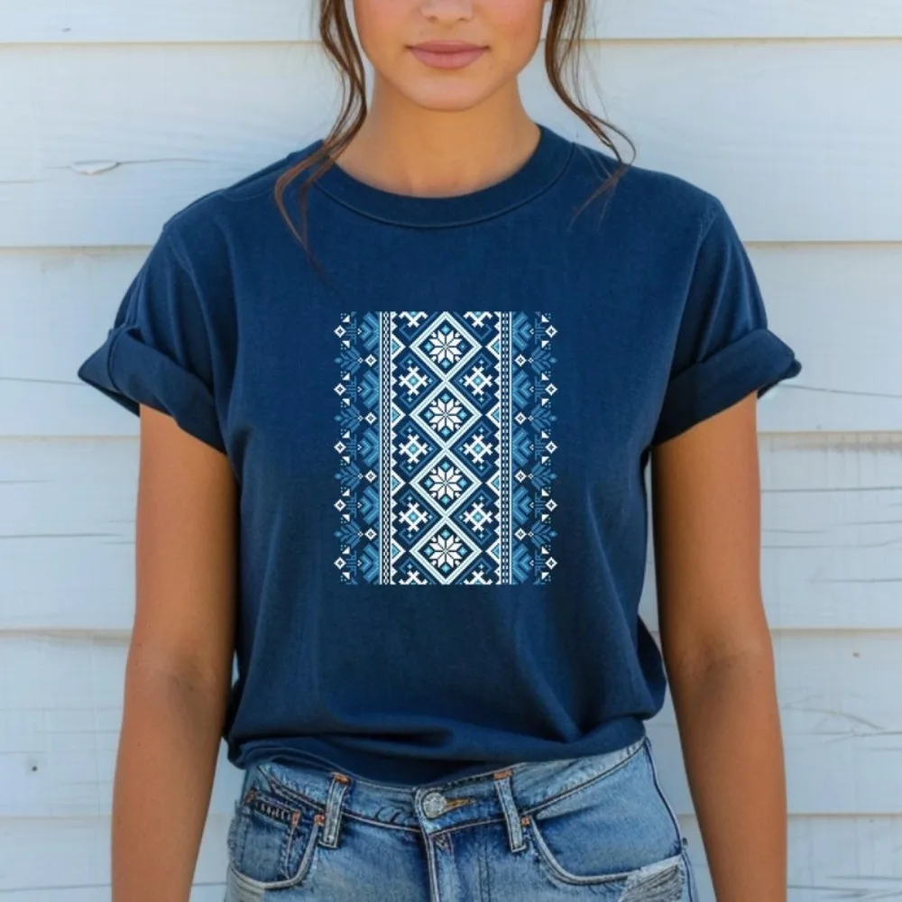 Vyshyvanka Shirt Unisex Ornament Print Shirt Ukraine Shirt Short-sleeve Round Neck Regular Fit Clothes Comfortable Tops