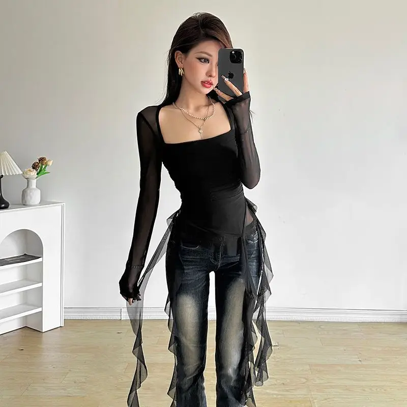 Ruffle Long Sleeve Sexy T-Shirts Fashion Women Y2K Irregular Asymmetrical Korean Crop Tops Casual Sheer Mesh Autumn Chic Tees