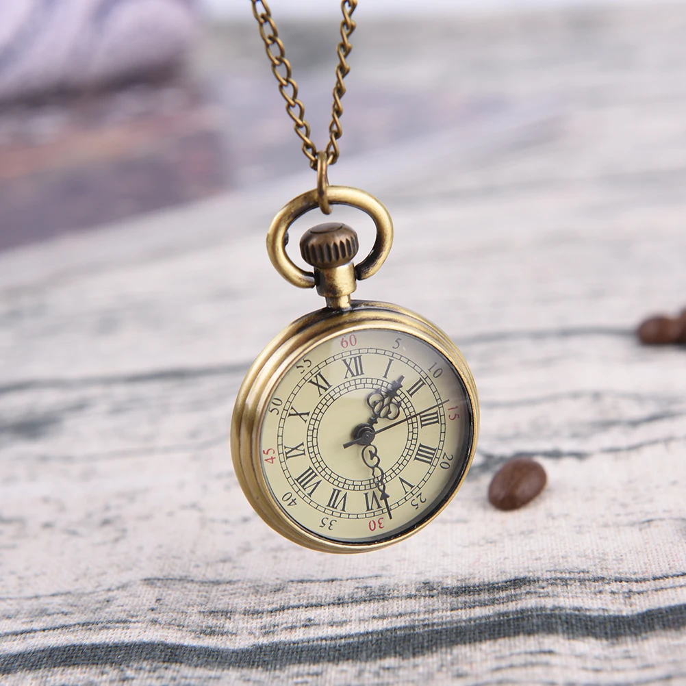 Simple Vintage Style Steampunk Beige Dial Roman Numbers Small Pocket Watch Necklace Pendant