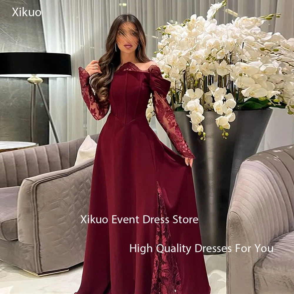 

Xikuo Elegant Burgundy Satin Evening Gowns Lace Long Mermaid Party Prom Dress Off The Shoulder Pleated Robe De Soirée Customized