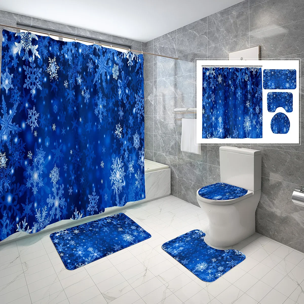 

Наборы занавесок для душа на тему снежинки, 4 шт., с нескользящим ковриком, ковриком для унитаза, зимние блестящие снежинки, водонепроницаемый комплект занавесок для душа