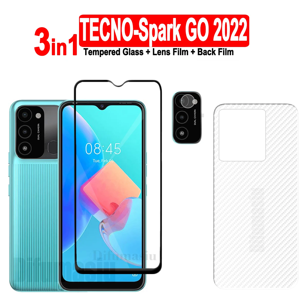 

For Tecno Spark GO 2022 Tempered Glass Screen Protectors Soft Camera Lens Protector Full Cover Screen Glass 3in1 Back Film