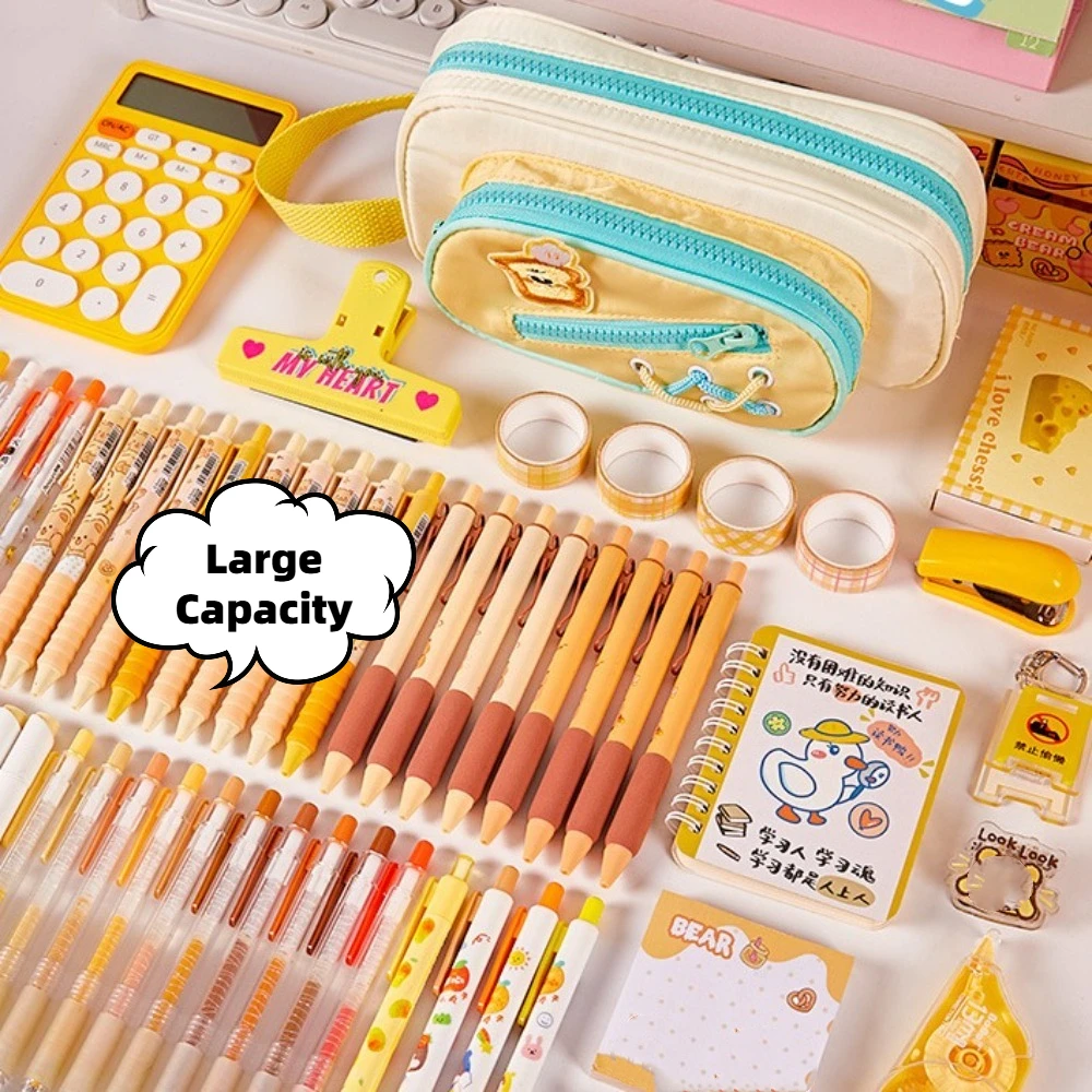 

Creative Cartoon 3 Layers Pencil Bag Aesthetic Canvas Large Capacity Pencil Bag Zipper Handheld Stationery Storage Bag Unisex