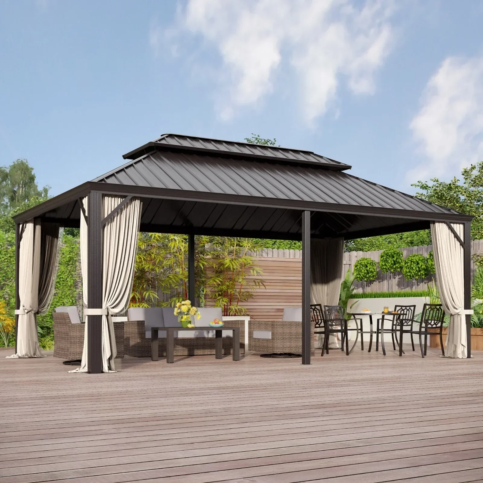 12'x20' Hardtop Gazebo Outdoor Aluminum Gazebo with Net and Sidewall Double Roof