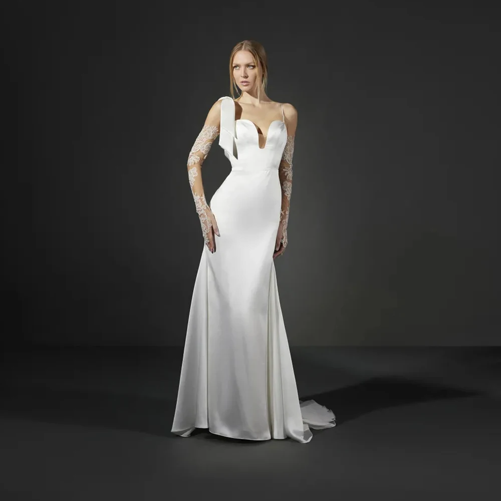 Customized Romantic Asymmetric - Strap Lace - Sleeve Wedding Dress, Spaghetti Deep V - Neck, Satin Mermaid Silhouette 2025