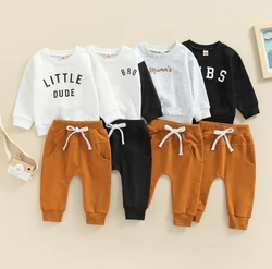 2Pcs Infant Baby Boy Outfits Funny Letter Print Long Sleeve Sweatshirt Pullover Top Drawstring Pants Fall Winter Boys Clothes