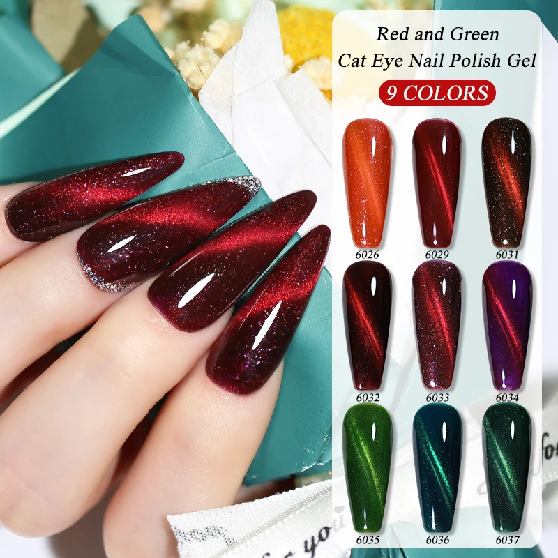 Clou Beaute 4-teiliger Katzen-Magnet-Gel-Nagellack mit Magnetstab, Maniküre-Set, Lack für Maniküre, grün, rot, Aurora-Nagelkunst