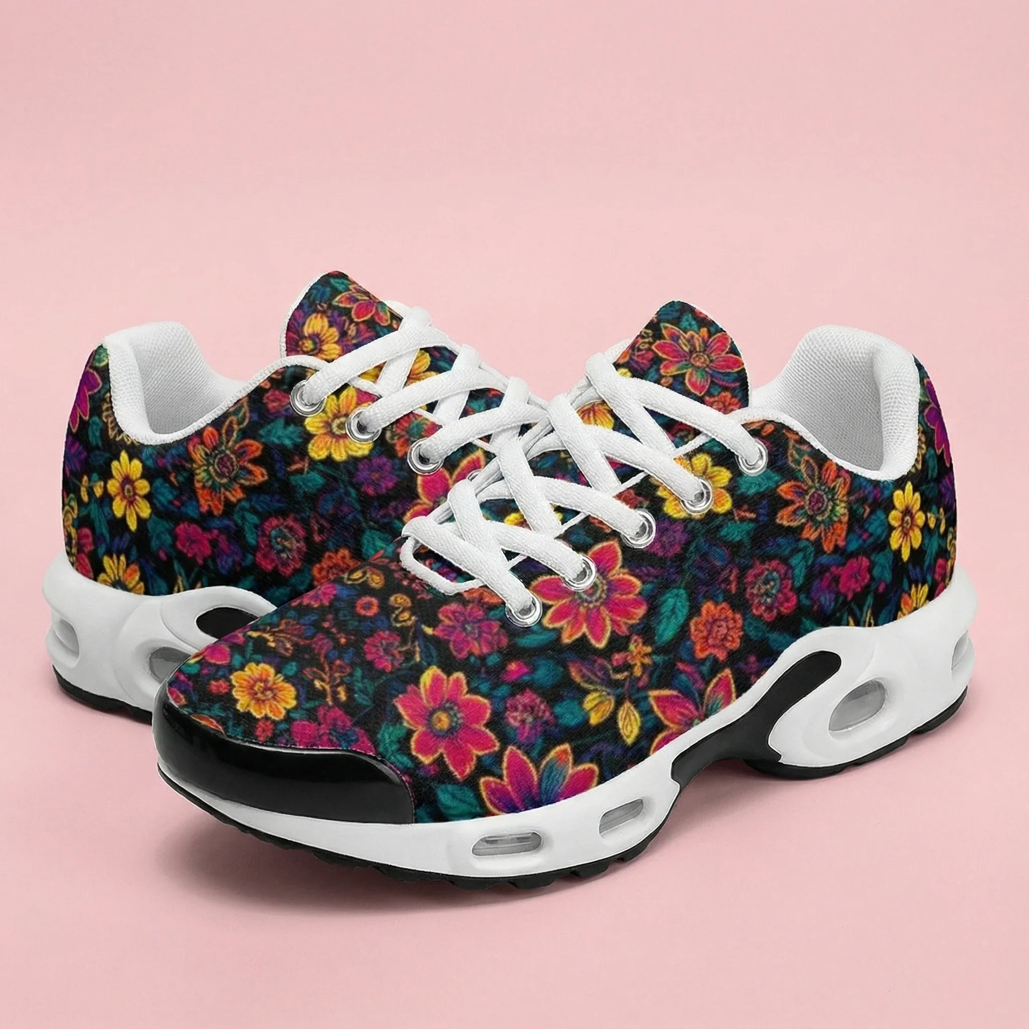 Bohemian style deep red flowers casual air-cushioned shoes breathable mesh upper athletic sneakers for woman sport shoes - view 3
