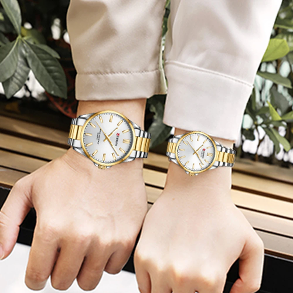 CURREN Couple Quartz Watch Bracelet For Couple Fashion Creative Leisure Round Watch Dial Dainty Bracelet Set