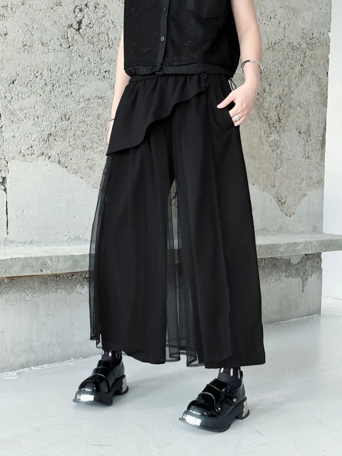Personality Mesh Patchwork Design High Waist Wide Leg Pants Summer Woman Y2K Clothes Harajuku High Street Pants Pantalones