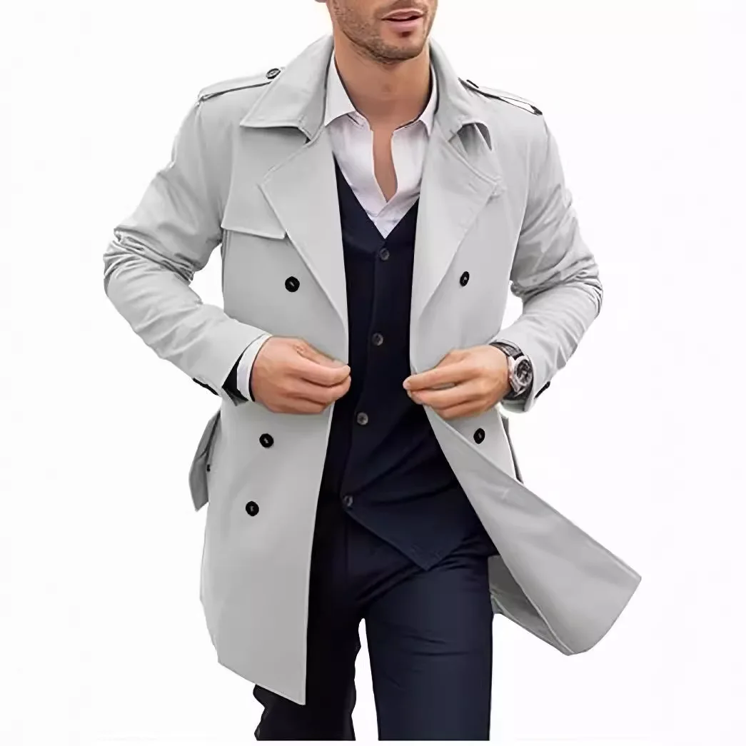 Spring Spring Double Breasted Men Trench Coat Mid-Length Business Casual Jacket England Style Chic Outerwear Mens Clothing 2026