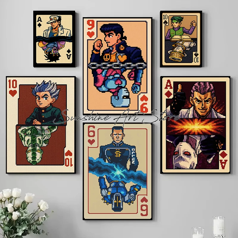 Jojo Classic Japanese Anime Pixel Style Characters Poker Card Jojo Anime Fans Poster Canvas Painting Wall Pictures Home Decor