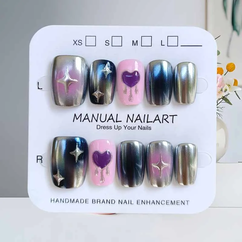 10 قطعة فضي أسود متدرج أرجواني ثلاثية الأبعاد قلب وأسود ماجيك أبل الراقية الشعور عين القط اضغط على الأظافر مسمار التصحيح الأظافر وهمية #1