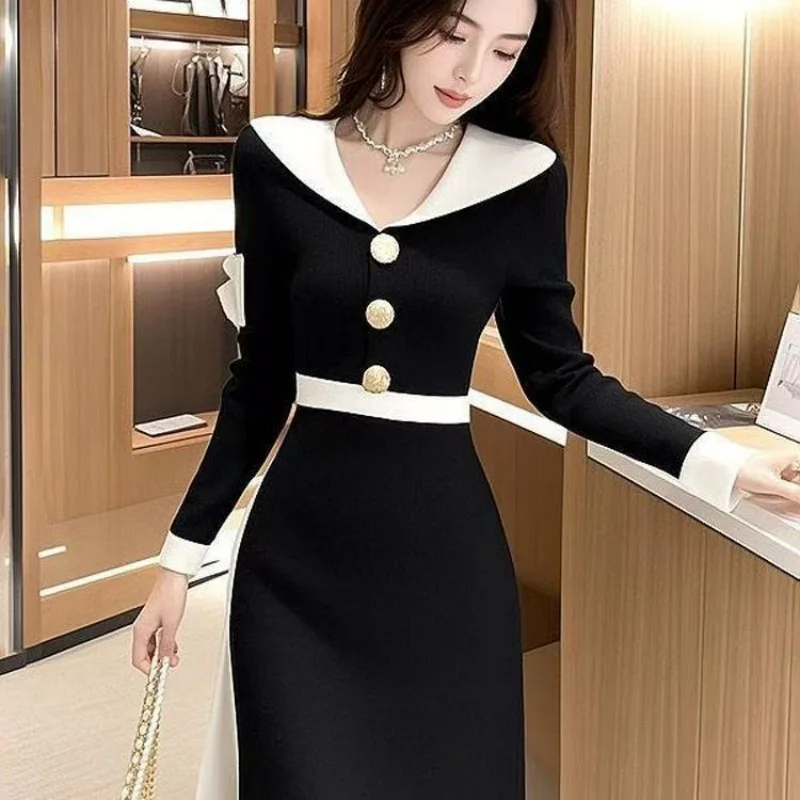 RAIN YAN LIN Autumn New Black Elegant Dress Women's Fashion V-Neck Long Sleeve Slim Midi Dress Casual Beautiful Dresses