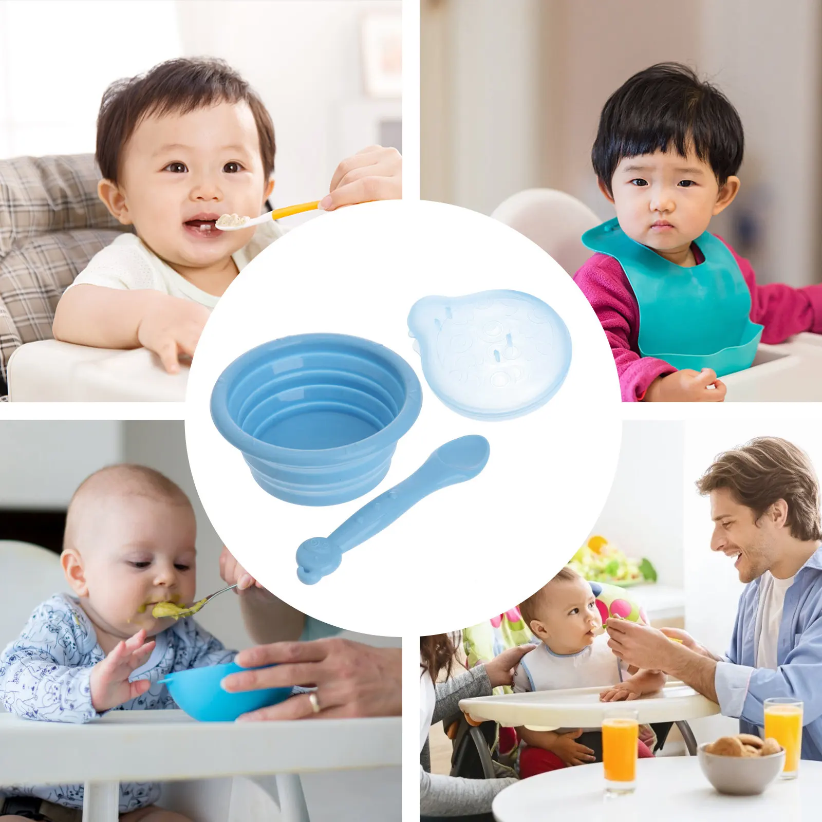 

Набор из 1 силиконовой складной миски, не деформируемый, большой емкости, компактный, портативный, для кормления малышей, с ложкой