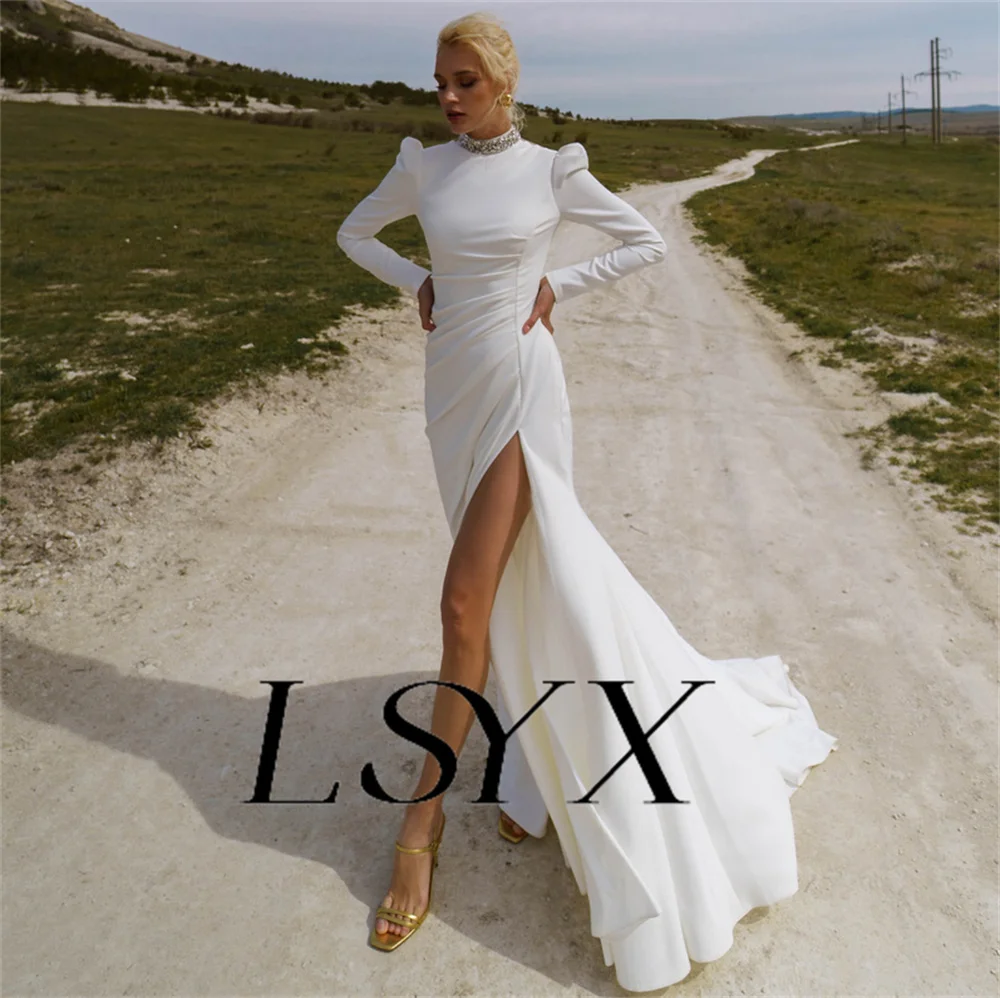 LSYX Customized Halter Long Puff Sleeves Rhinestone Crepe Mermaid Wedding Illusion Button Back Side Slit Court Train Bridal