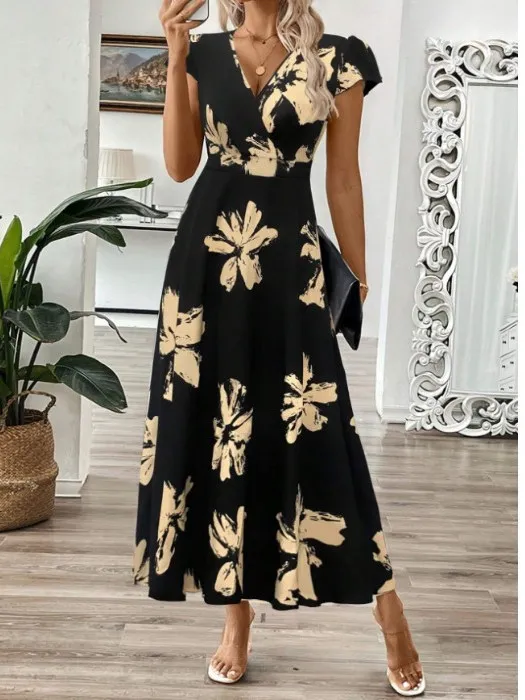Ele V-Ne Floral Print ort Sve Long Dr Women's Dr Summer New Sle Faionable Gathered Hem A-Line Gown