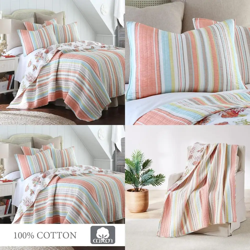 

Coral Striped King Size Cotton Quilt Set - Coastal Brighton Style