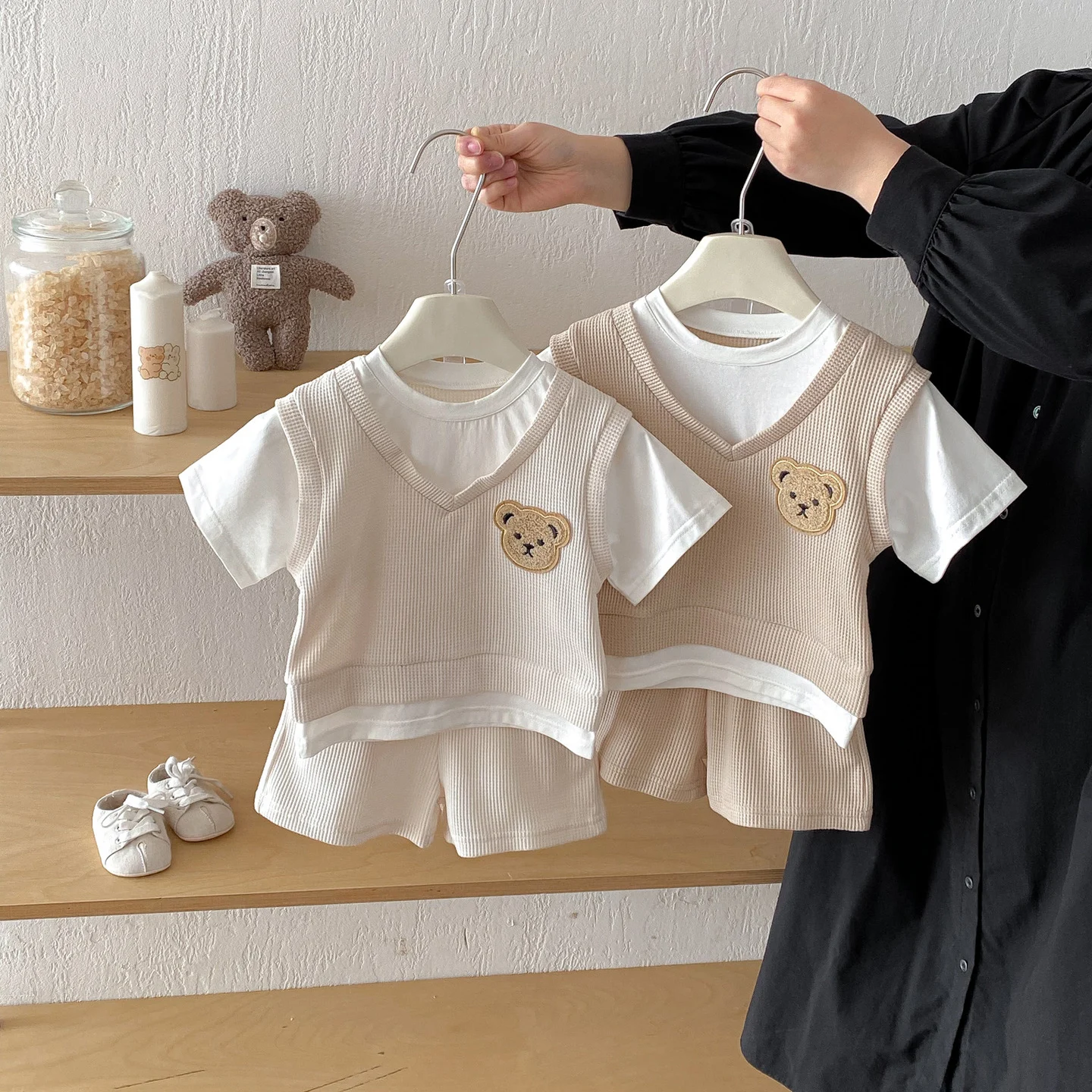 Unisex 0-6Y Waffle Knit Summer Clothing Set Bear Applique Baby Sports Set Casual Boys Daily Wear 1-4Y Girls Suit