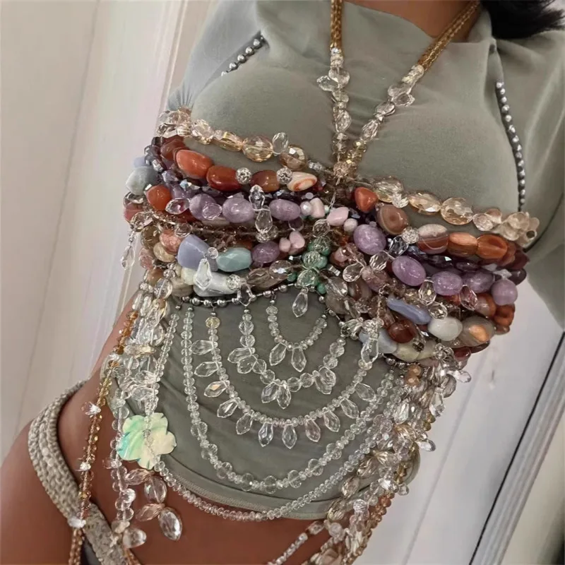 

Handmade Gemstone Pearl Chain Bra For Women 2025 Layered Beaded Bikini Beach Wear Crystal Body Jewelry Bralette Top Fashion Top