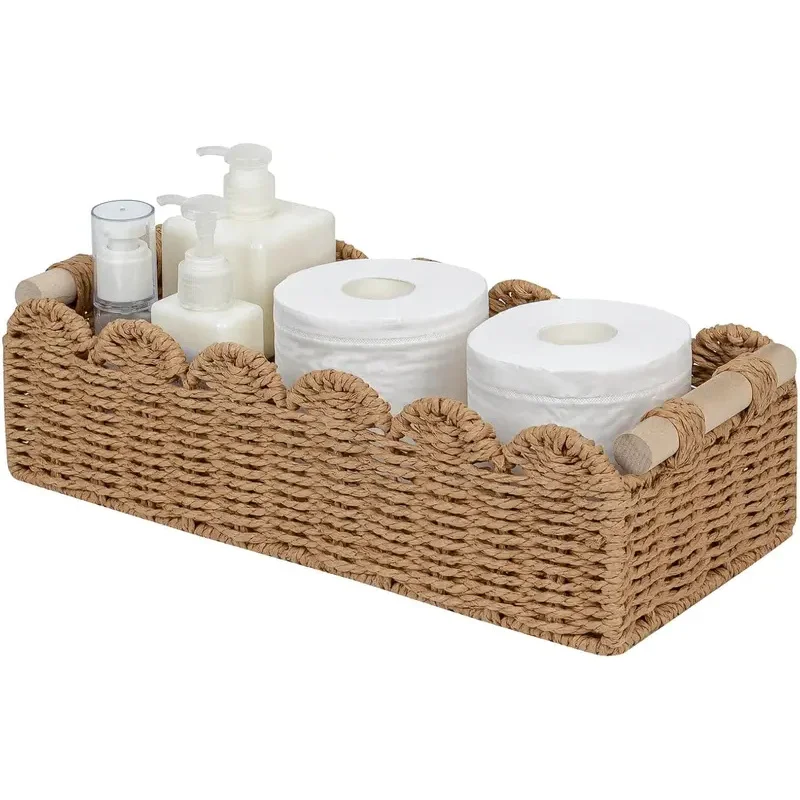 Paper Rope Scalloped Edge Toilet Paper Storage Basket Home Decor for Over Toilet Storage Shelf End Table Shelves 2 Wooden Handle