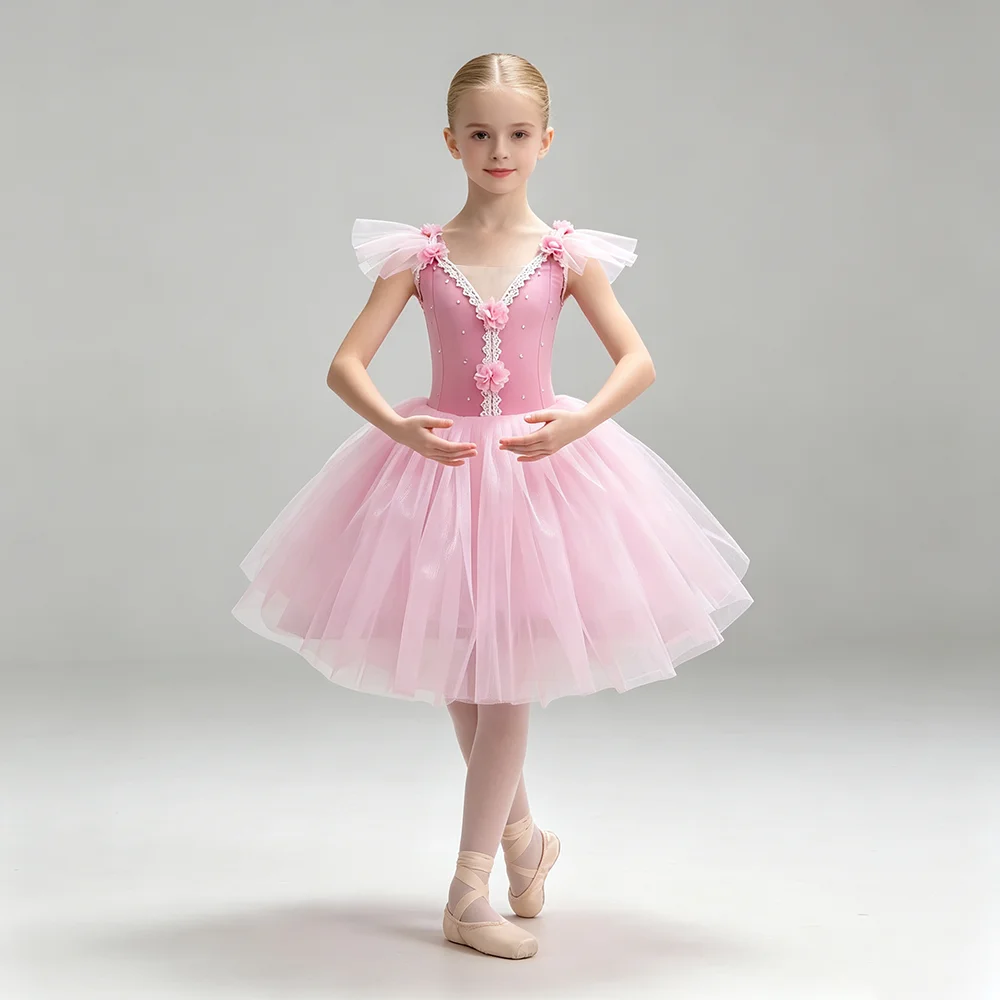 Professional Romantic Girls Gauzy Ballet Dress Fly Sleeve Floral Splice Kids Ballerina Costume Ballet Dance Performance Outfit